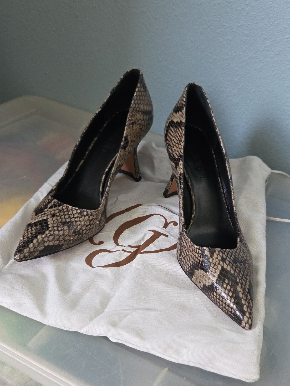 M. Gemi Snake-Print Pointed Toe Pumps in Beige and Black